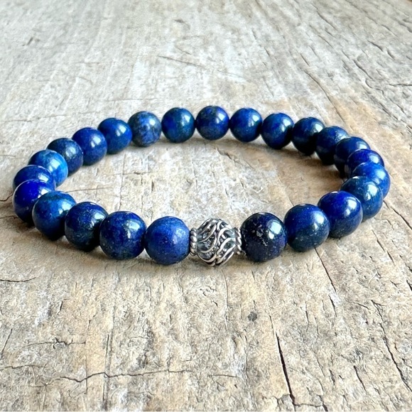 Lapis Lazuli Gemstone Bracelet Sterling Silver Accent Bead Unisex - 8mm Beads - Picture 1 of 5